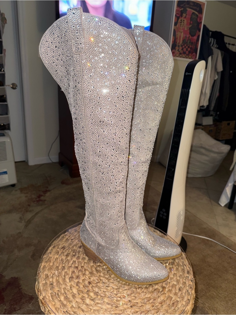 Rhinestone Embellished Above Knee Tall Western Boots - Silver
